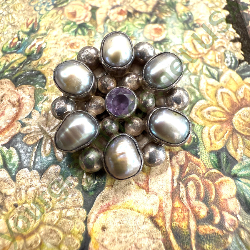 Sterling Silver Black Fresh Water Pearl & Amethyst Cluster Pendant pendant