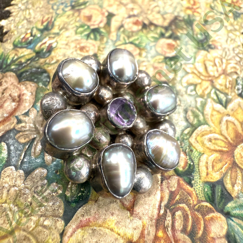 Sterling Silver Black Fresh Water Pearl & Amethyst Cluster Pendant pendant