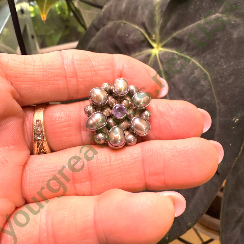Sterling Silver Black Fresh Water Pearl & Amethyst Cluster Pendant pendant