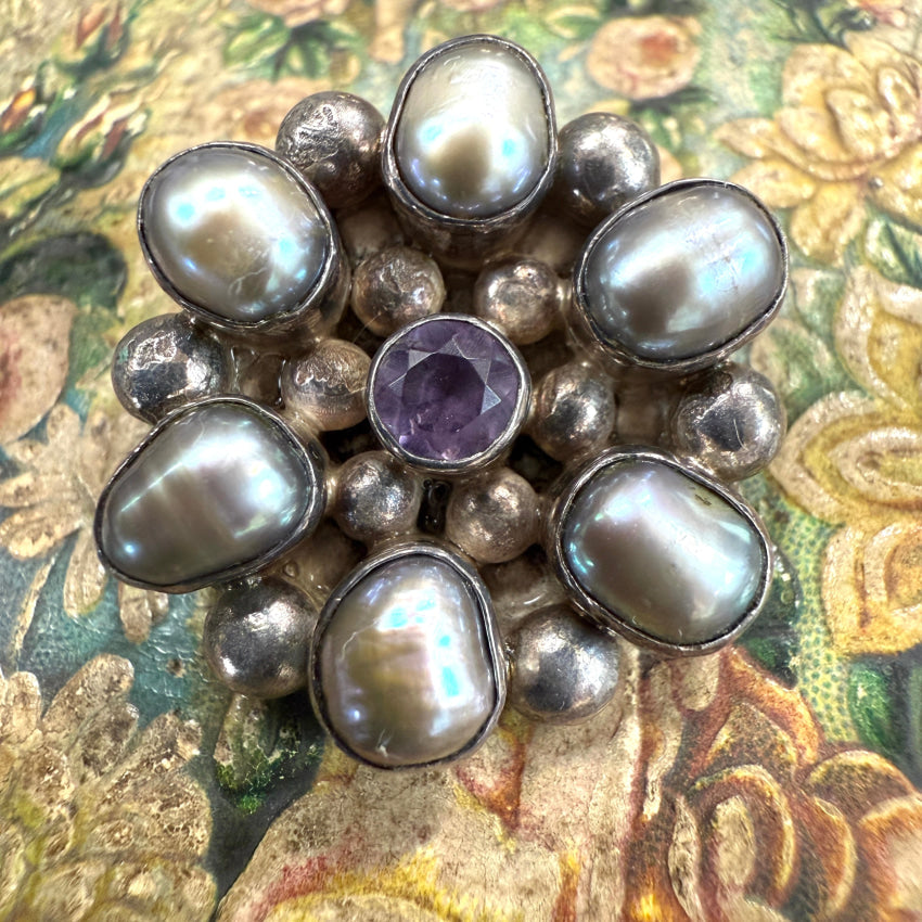 Sterling Silver Black Fresh Water Pearl & Amethyst Cluster Pendant pendant