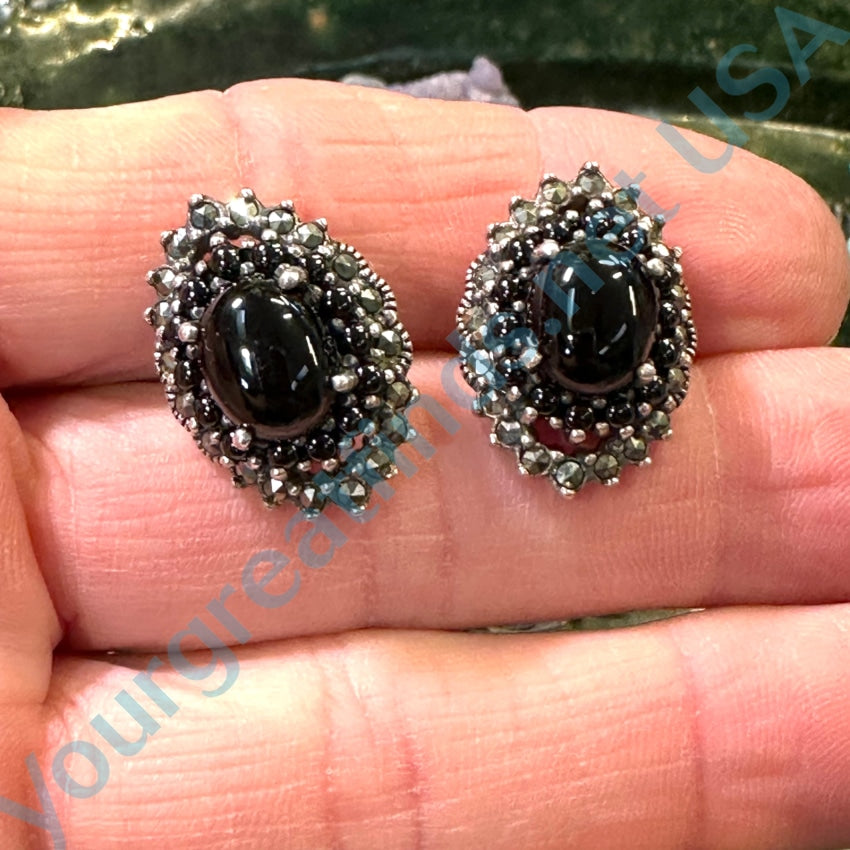 Sterling Silver Black Onyx Marcasite Cluster Earrings Vintage