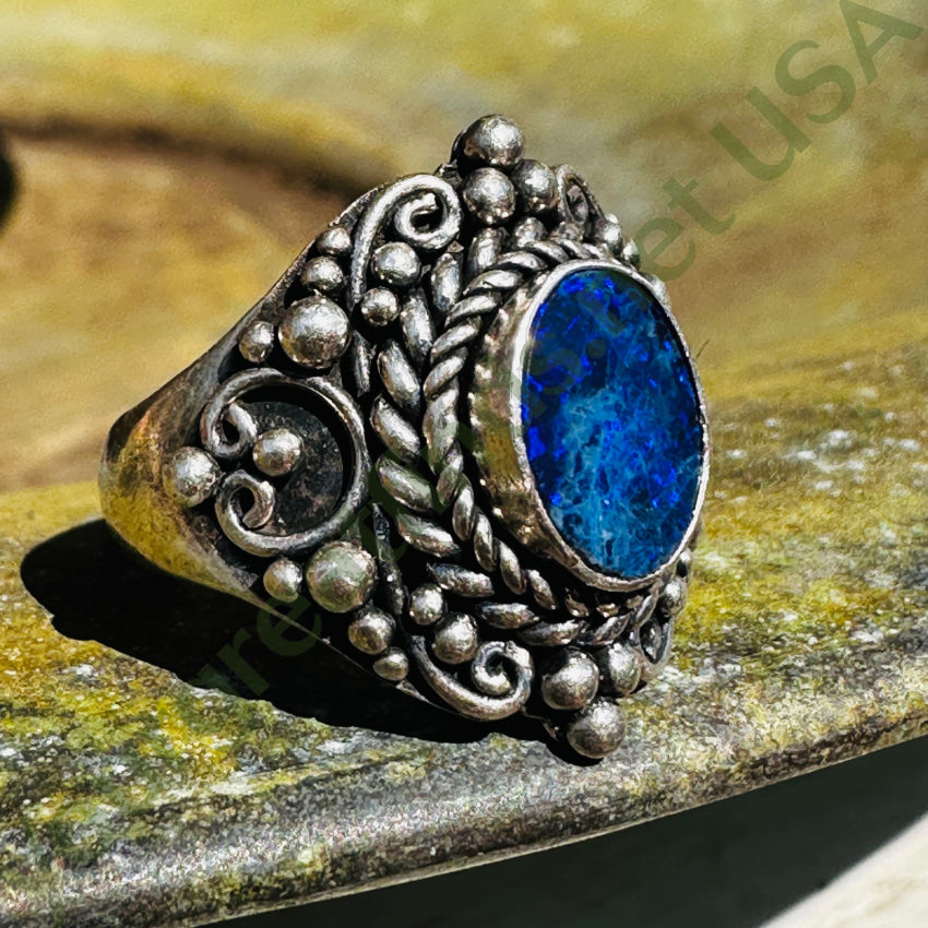 Sterling Silver & Black Opal Ring Size 5.75 Ring