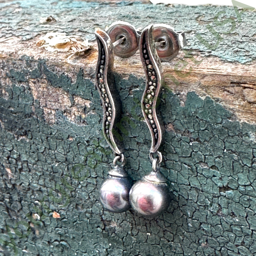 Sterling Silver Black Pearl Marcasite Pierced Post Earrings Earrings