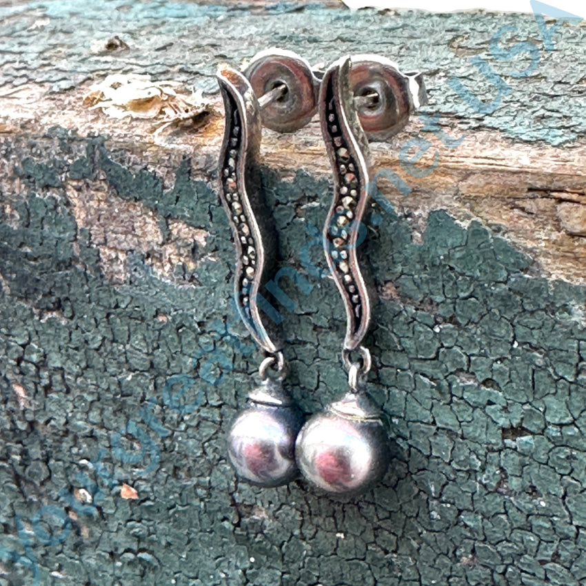 Sterling Silver Black Pearl Marcasite Pierced Post Earrings Earrings