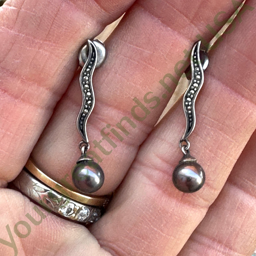 Sterling Silver Black Pearl Marcasite Pierced Post Earrings Earrings
