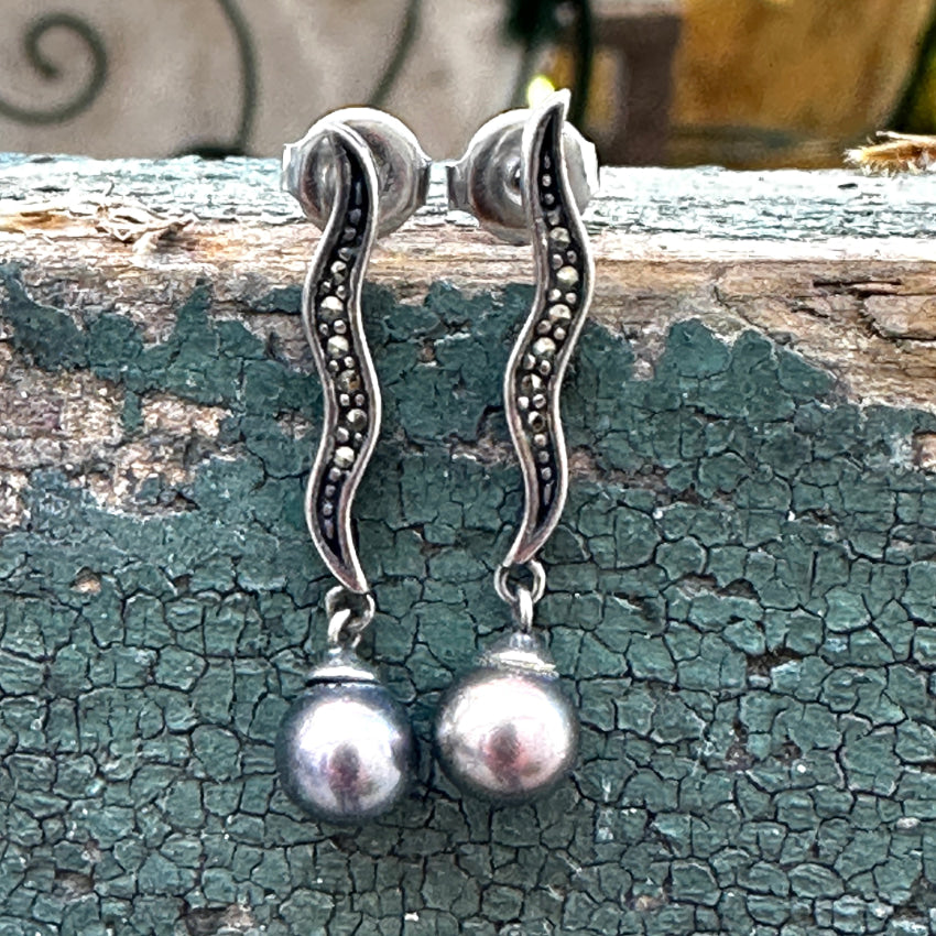 Sterling Silver Black Pearl Marcasite Pierced Post Earrings Earrings