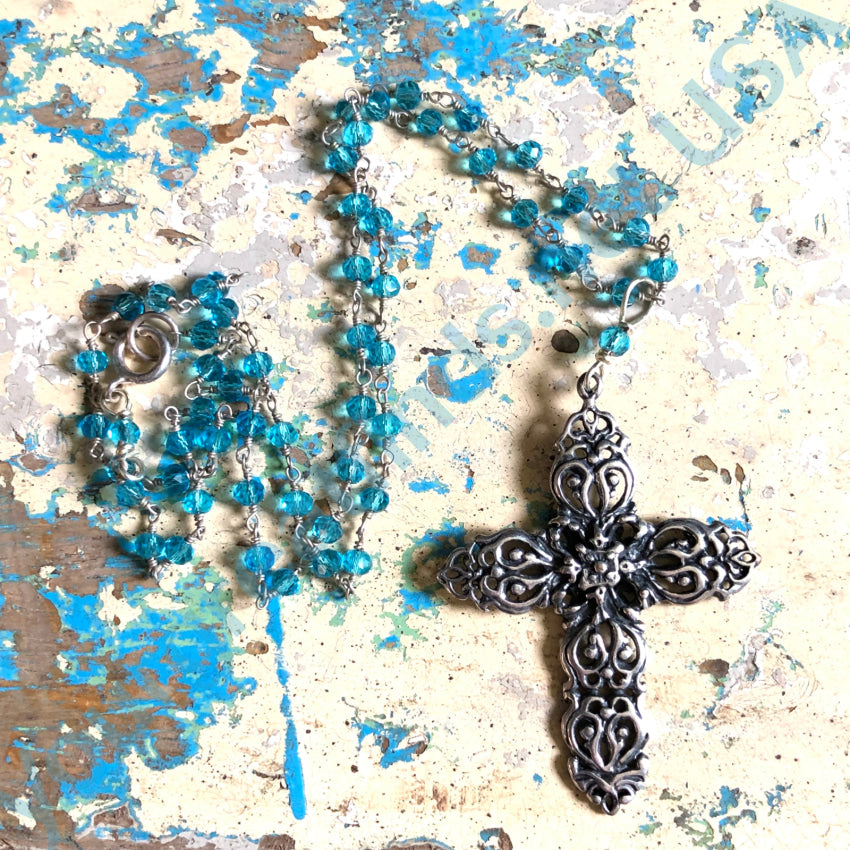 Sterling Silver & Blue Crystal Holy Cross Necklace Necklace