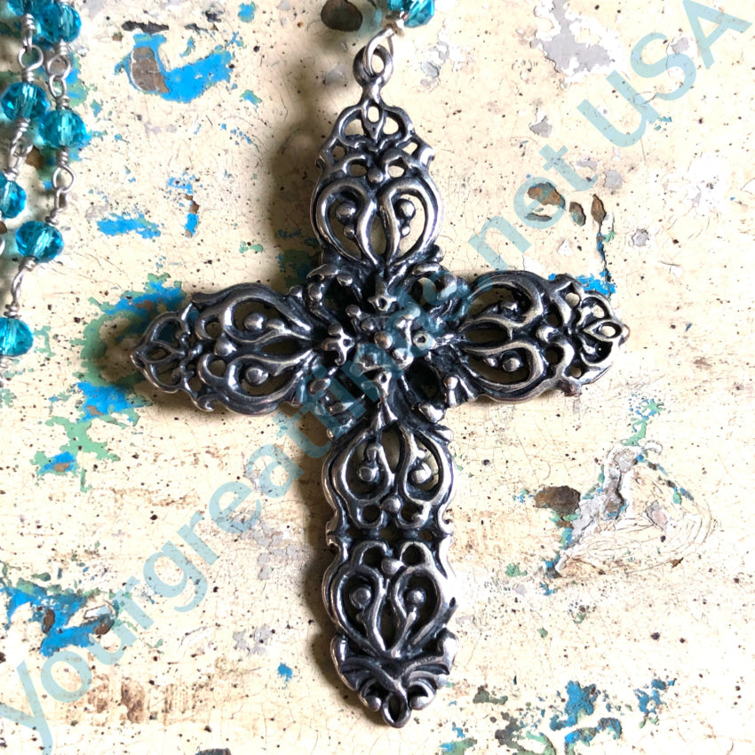 Sterling Silver & Blue Crystal Holy Cross Necklace Necklace