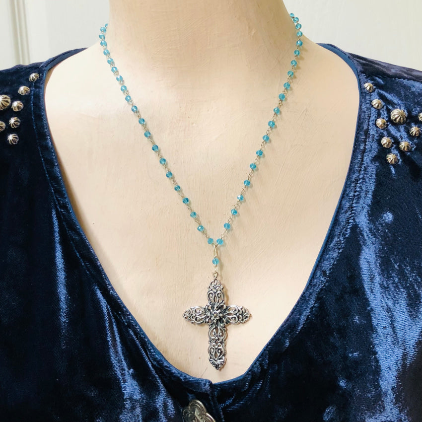 Sterling Silver & Blue Crystal Holy Cross Necklace Necklace