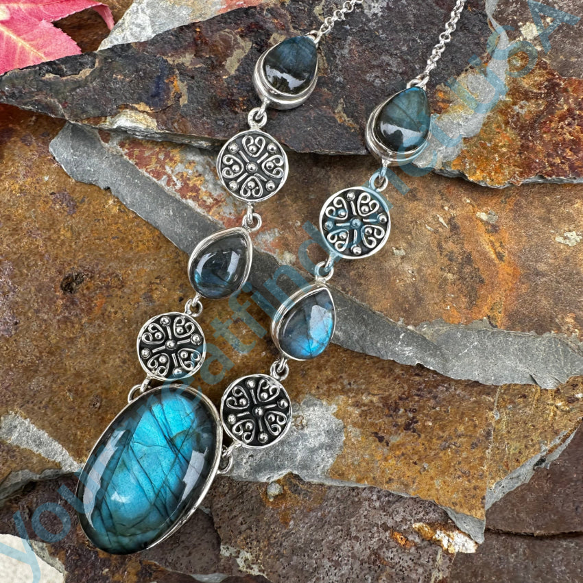 Sterling Silver & Blue Labradorite 5 Stone Necklace Pendant