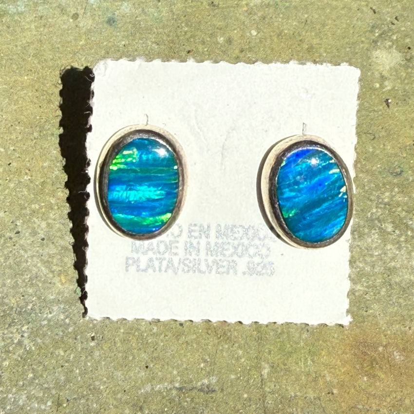 Sterling Silver & Blue Opal Pierced Post Stud Earrings Mexico earrings