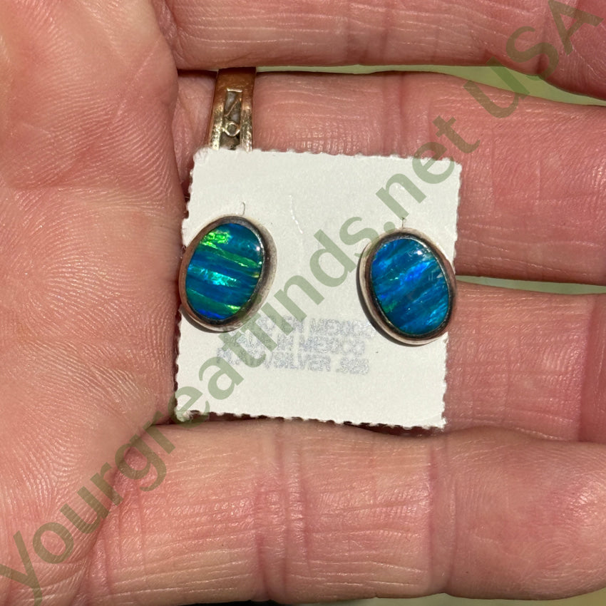 Sterling Silver & Blue Opal Pierced Post Stud Earrings Mexico earrings