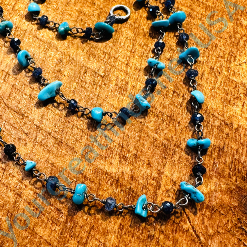 Sterling Silver Blue Sapphire & Turquoise Beaded Necklace Necklace