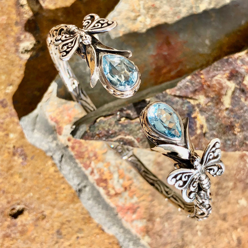 Sterling Silver & Blue Topaz Hinged Cuff Bracelet Butterflies Bracelet