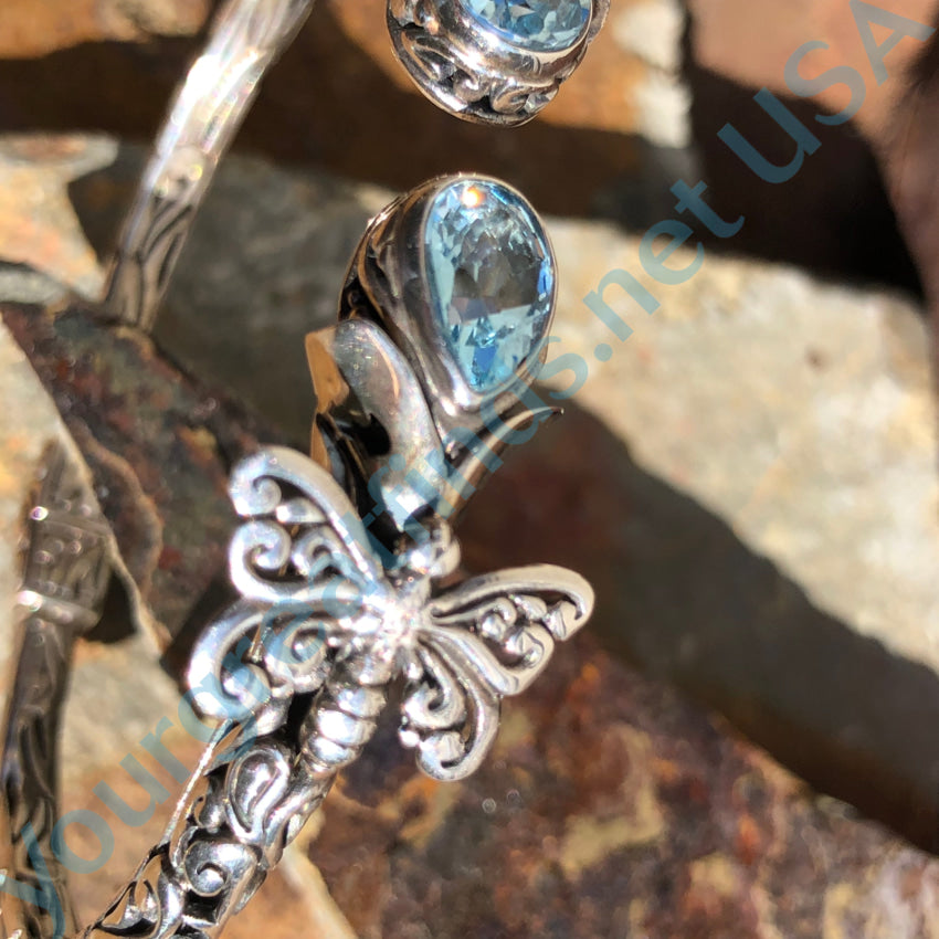 Sterling Silver & Blue Topaz Hinged Cuff Bracelet Butterflies Bracelet