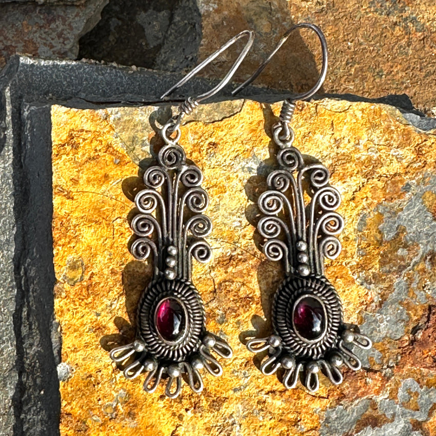 Sterling Silver Boho Style Garnet Pierced Earrings Earrings