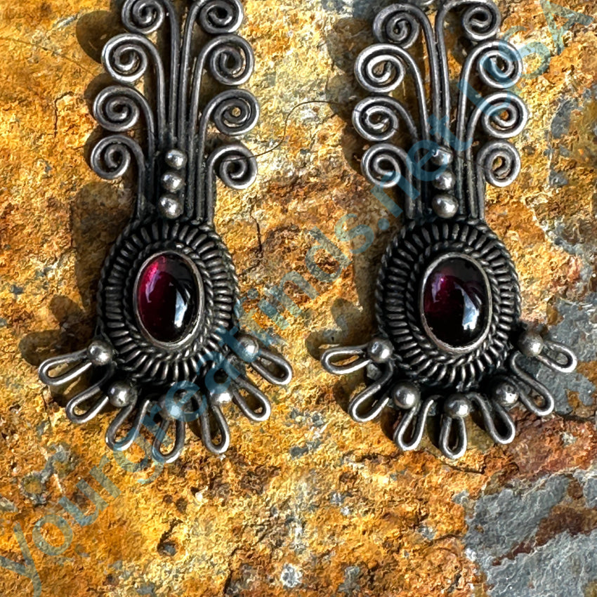 Sterling Silver Boho Style Garnet Pierced Earrings Earrings