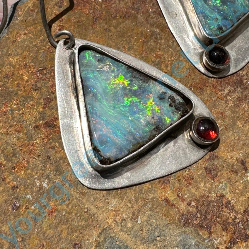Sterling Silver Boulder Opal Garnet Pierced Earrings
