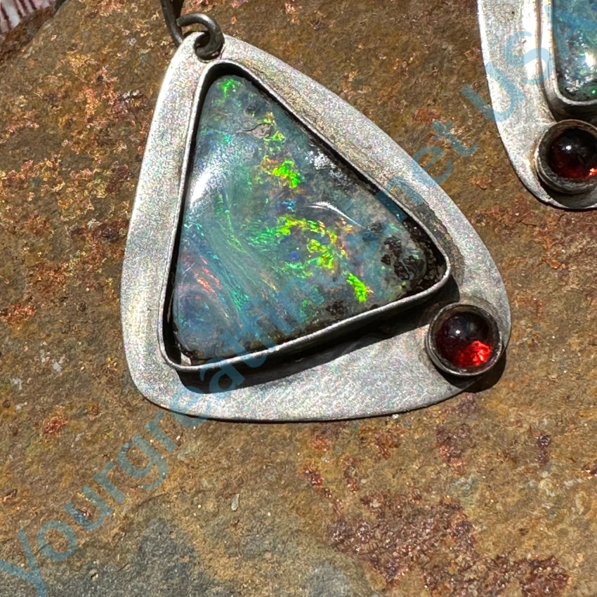 Sterling Silver Boulder Opal Garnet Pierced Earrings