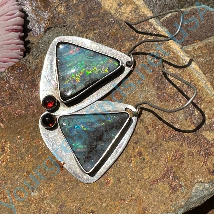 Sterling Silver Boulder Opal Garnet Pierced Earrings