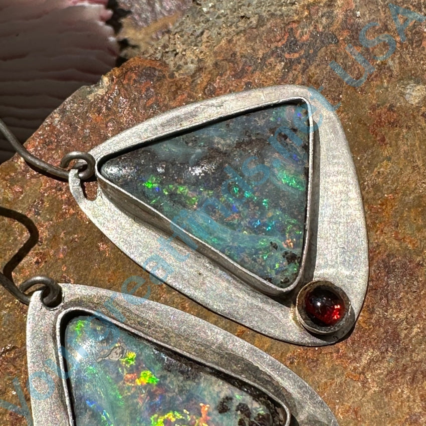 Sterling Silver Boulder Opal Garnet Pierced Earrings