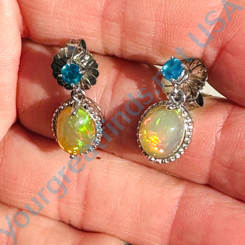 Sterling Silver & Bright Genuine Opal Pierced Post Earrings Earrings