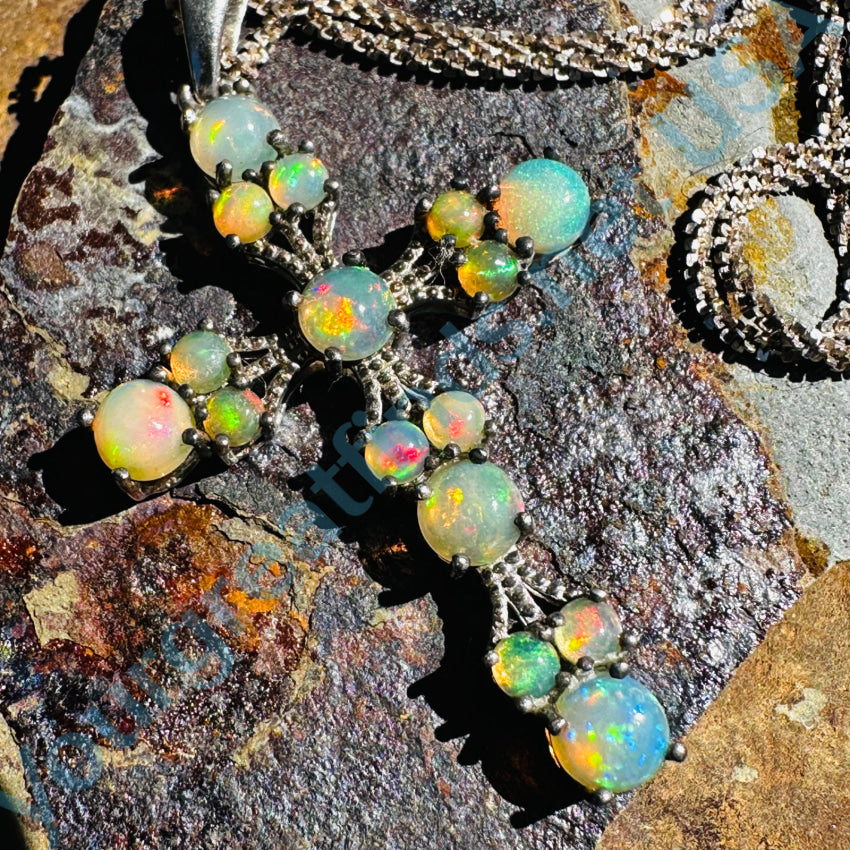 Sterling Silver & Bright Opal Holy Cross Necklace Necklace