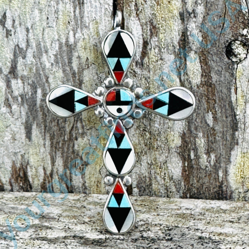 Sterling Silver & Channel Inlay Cross Pendant Zeno Maryann Edaaki Zuni Pendant