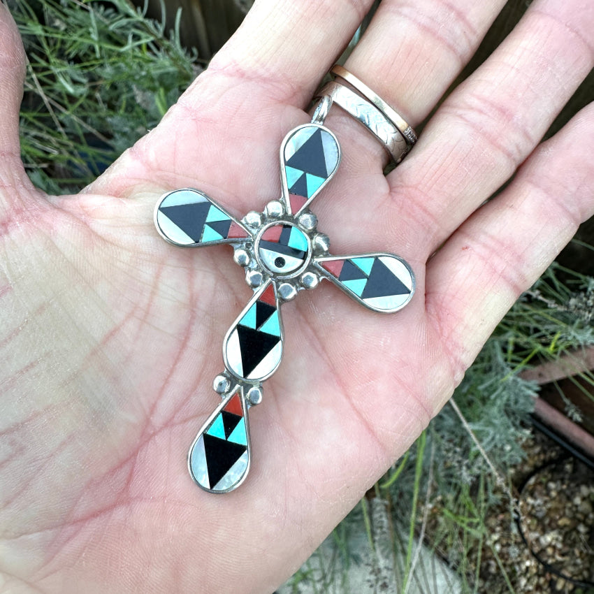 Sterling Silver & Channel Inlay Cross Pendant Zeno Maryann Edaaki Zuni Pendant