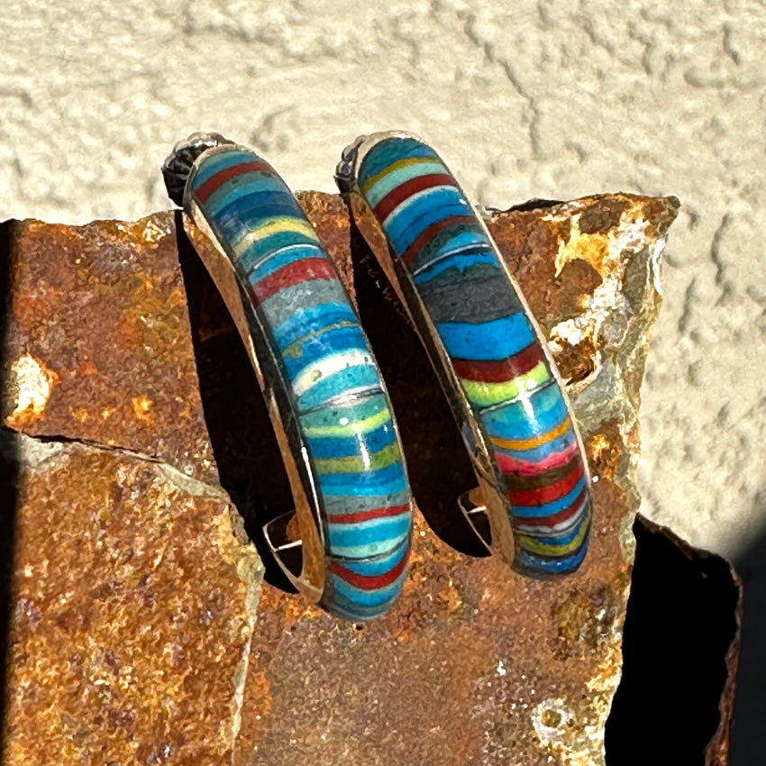 Sterling Silver Channel Inlay Rainbow Calsilica Roop Pierced Post Earrings Earrings