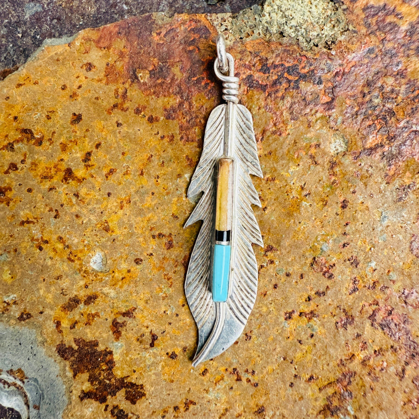 Sterling Silver Channel Inlay Turquoise Southwestern Feather Pendant Pendant