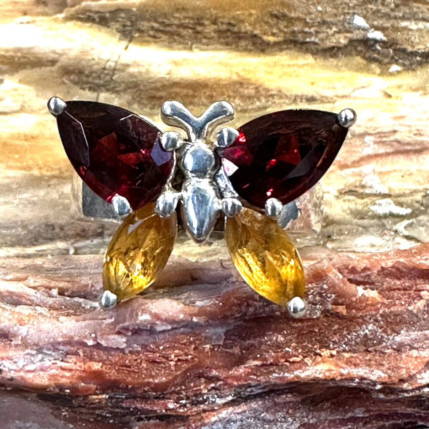 Sterling Silver Citrine & Garnet Butterfly Ring Size 7