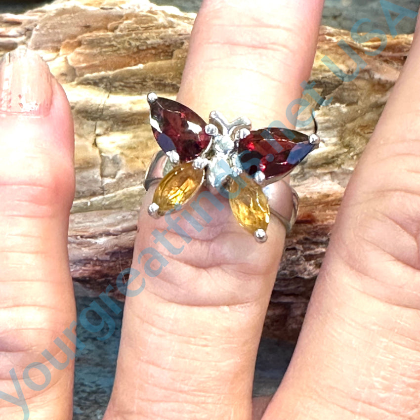Sterling Silver Citrine & Garnet Butterfly Ring Size 7