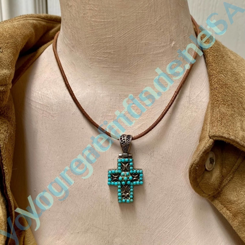Sterling Silver Cross Fau Turquoise on Leather Cording Yourgreatfinds