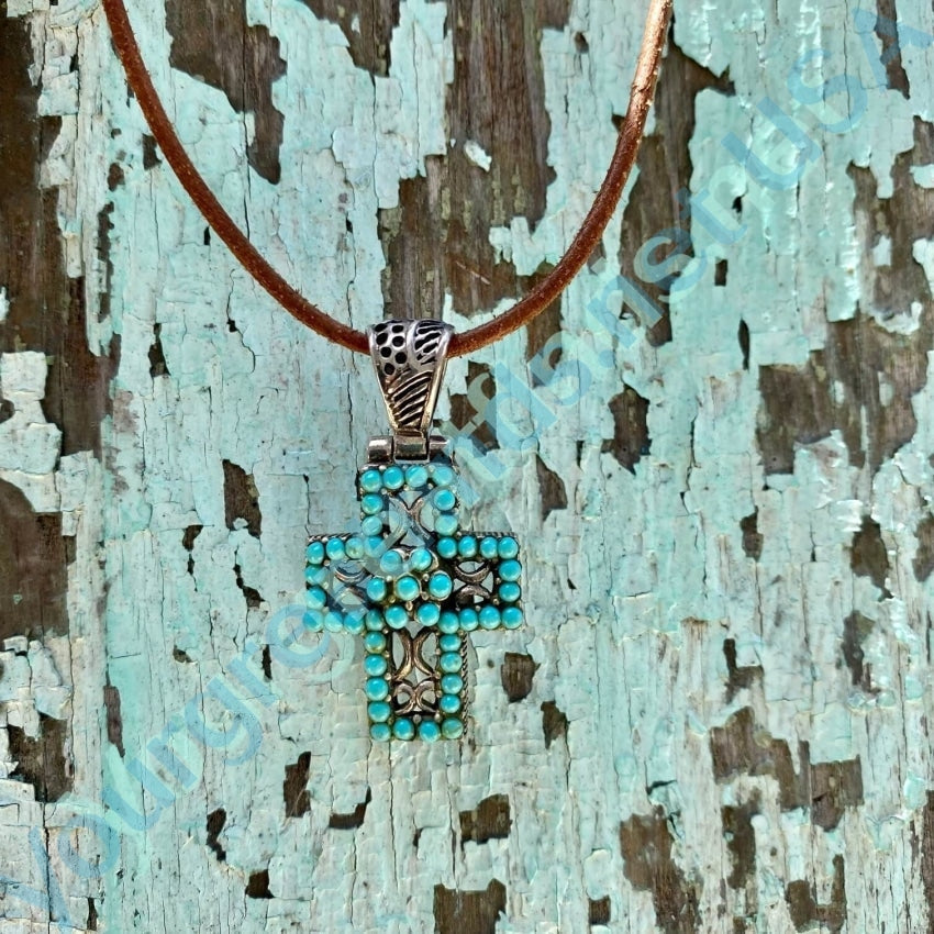 Sterling Silver Cross Fau Turquoise on Leather Cording Yourgreatfinds
