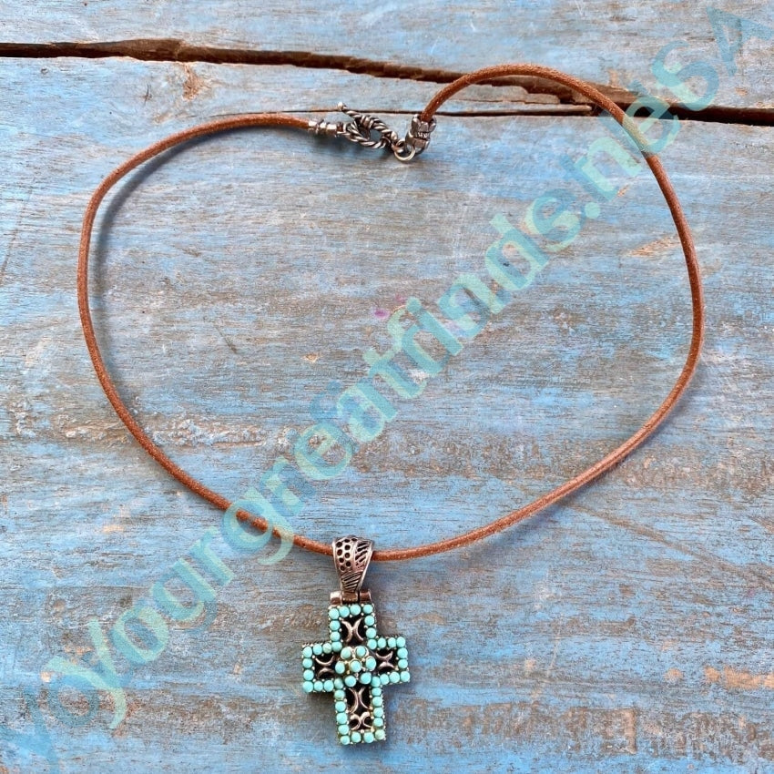 Sterling Silver Cross Fau Turquoise on Leather Cording Yourgreatfinds