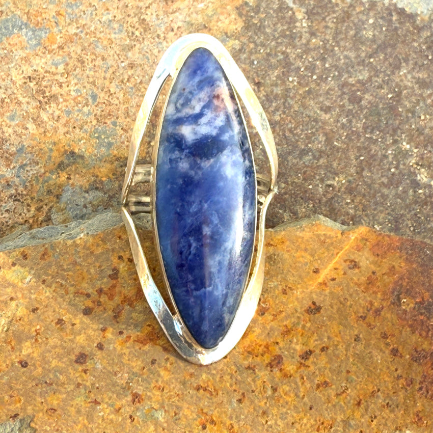 Sterling Silver Denim Sodalite Long Ring Adjustable Ring