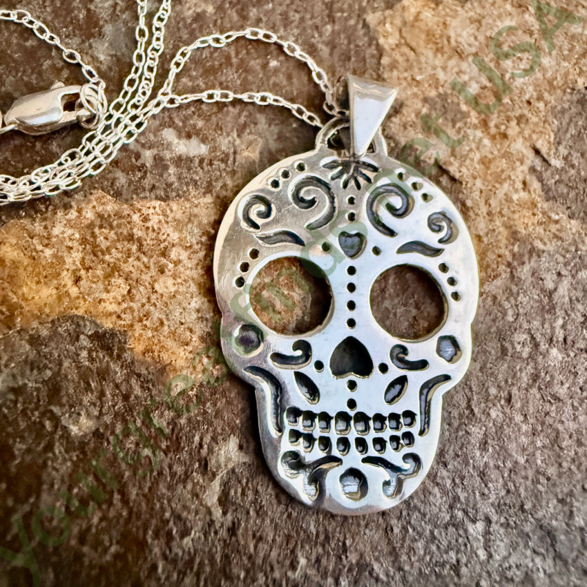 Sterling Silver Dia De Los Muertos Sugar Skull Necklace necklace