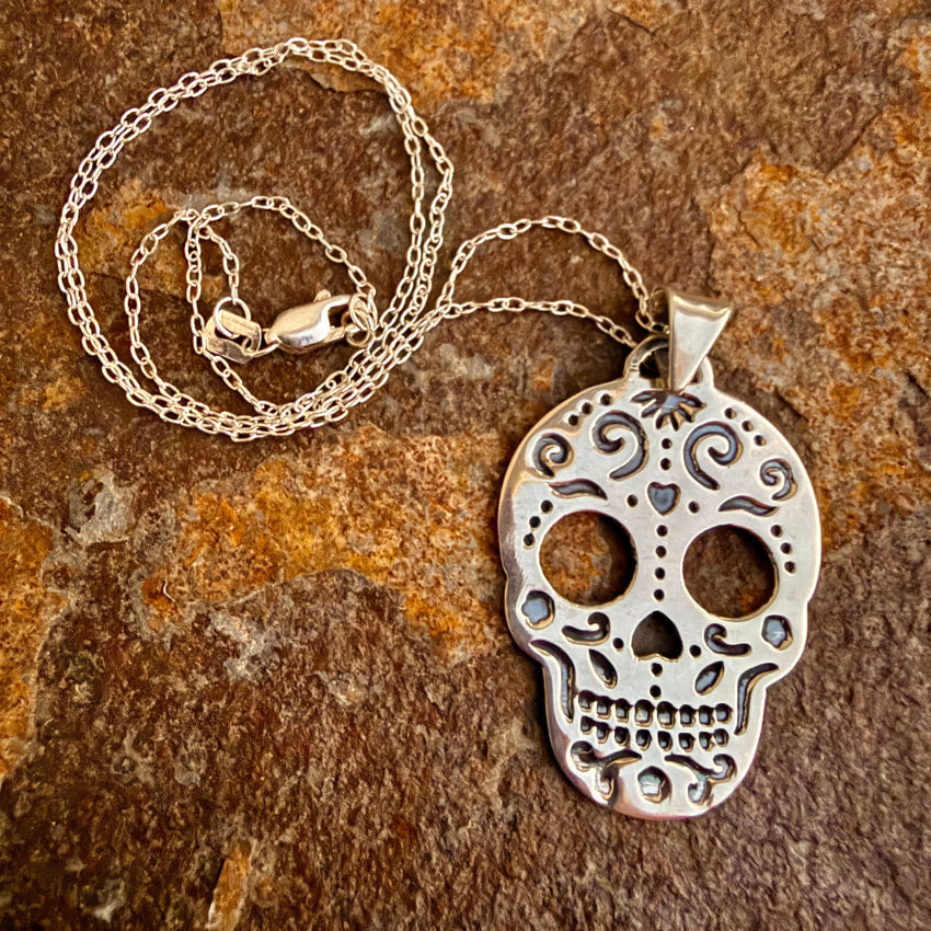 Sterling Silver Dia De Los Muertos Sugar Skull Necklace necklace