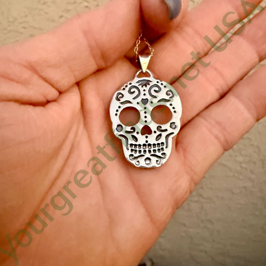 Sterling Silver Dia De Los Muertos Sugar Skull Necklace necklace