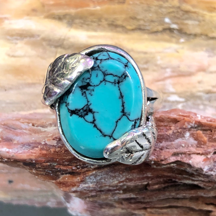 Sterling Silver Double Leaf Spider Web Turquoise Ring Size 10 Ring