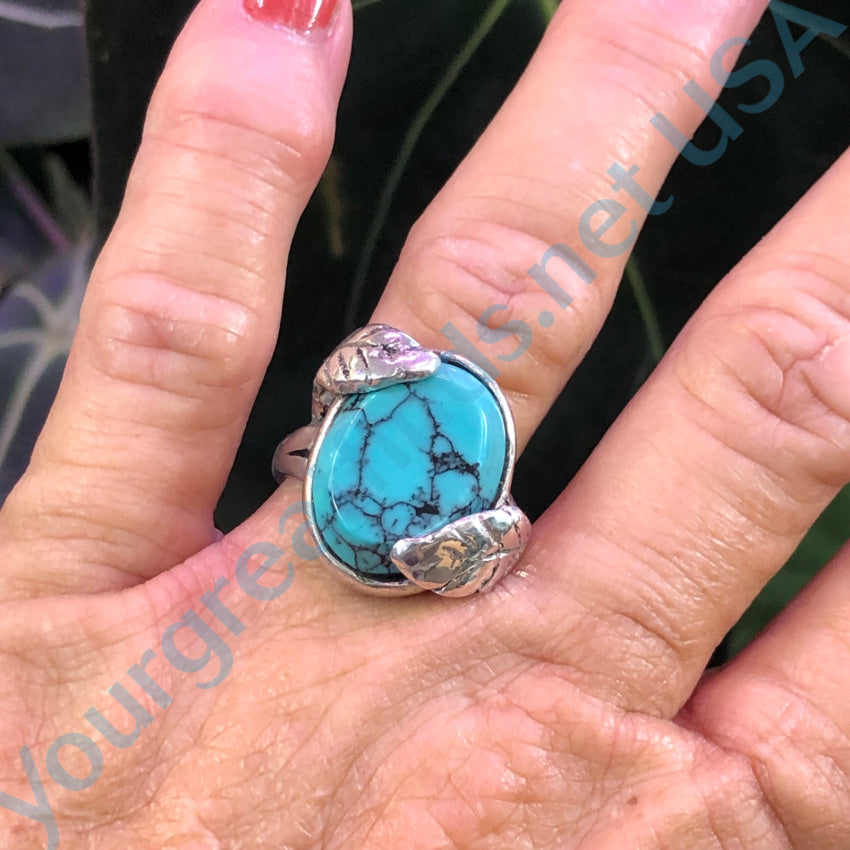 Sterling Silver Double Leaf Spider Web Turquoise Ring Size 10 Ring