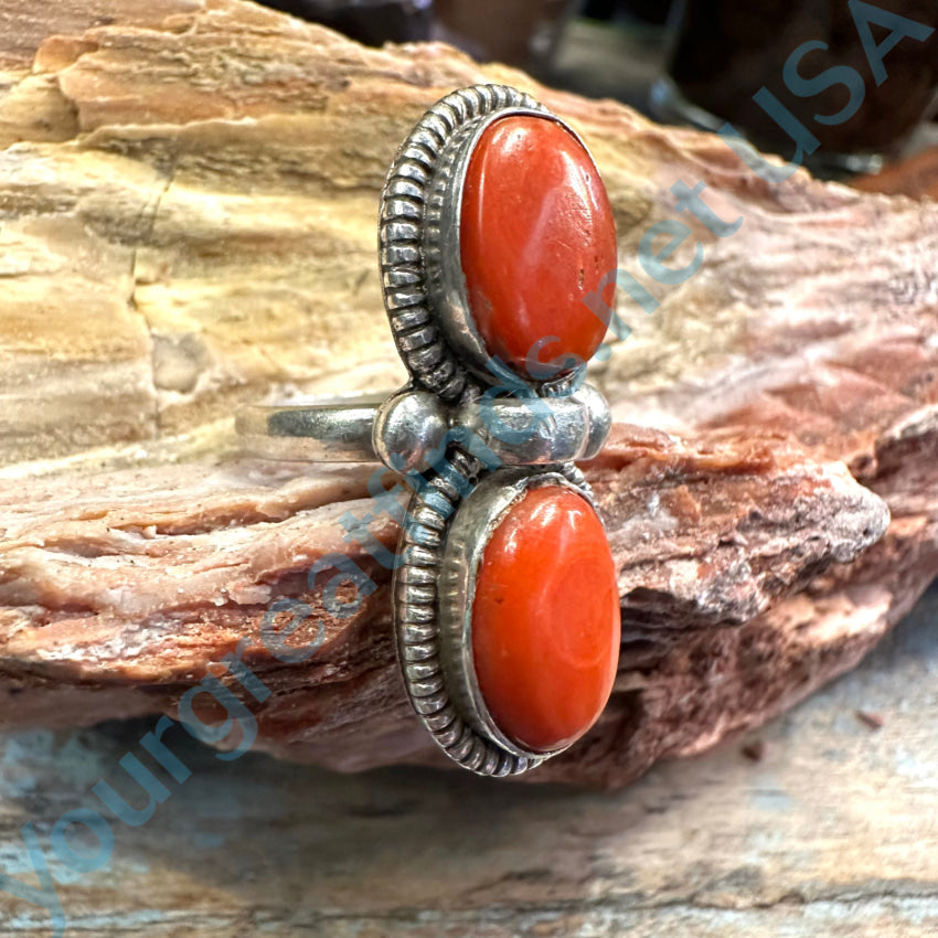 Sterling Silver Double Red Coral Stone Ring Size 7.5
