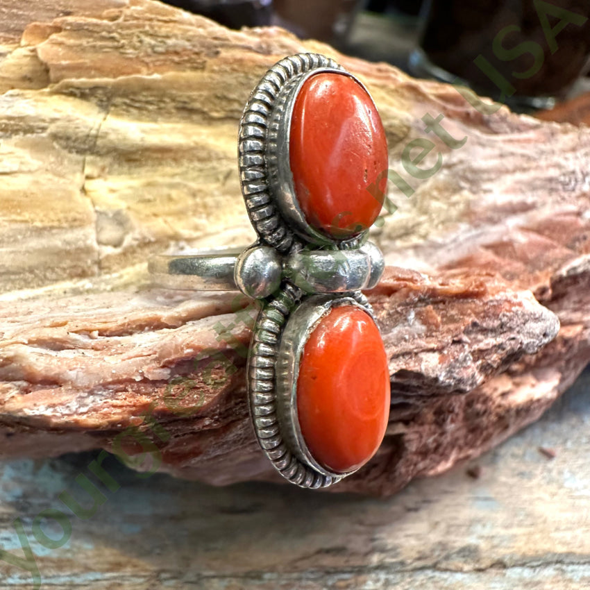 Sterling Silver Double Red Coral Stone Ring Size 7.5