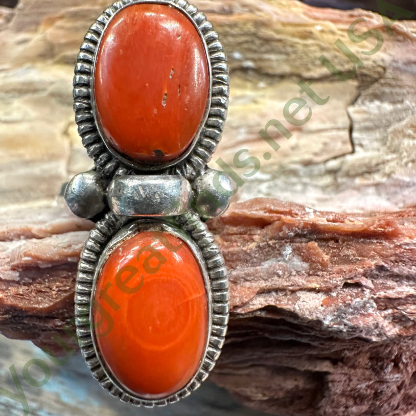 Sterling Silver Double Red Coral Stone Ring Size 7.5