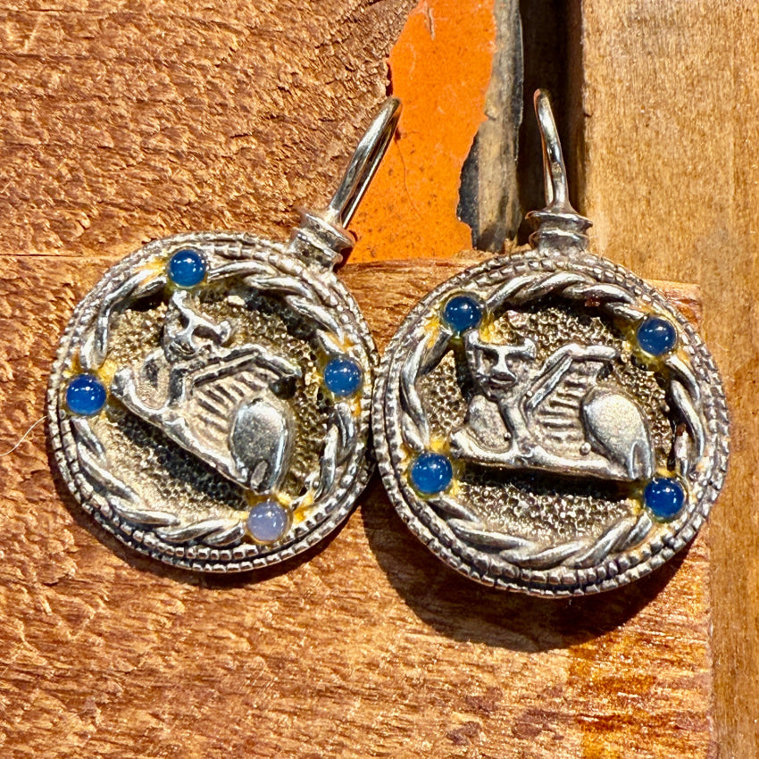 Sterling Silver Egyptian Revival Bastet Medallion Pierced Earrings earrings