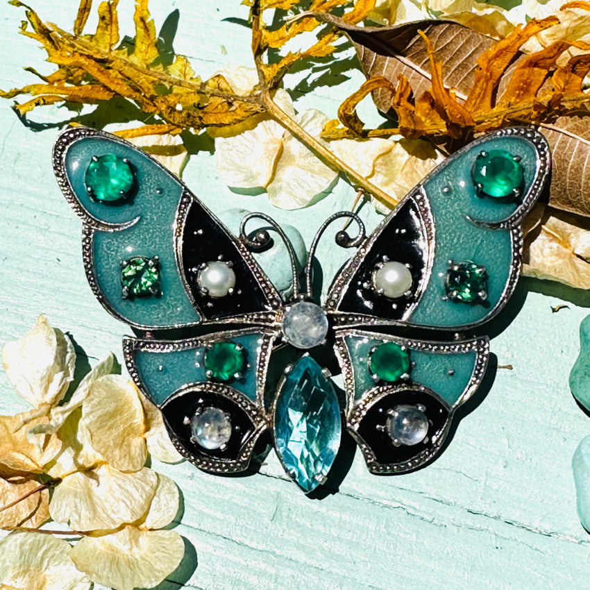 Sterling Silver Enamel & Gemstone Butterfly Pin Brooch Pin / Brooch