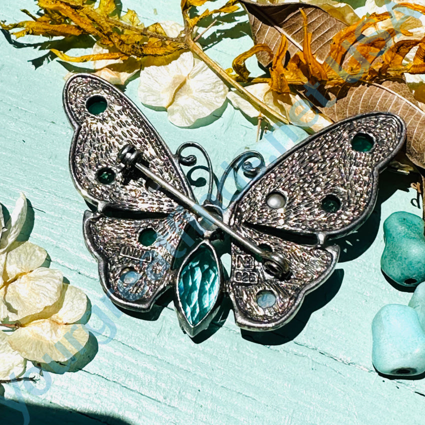 Sterling Silver Enamel & Gemstone Butterfly Pin Brooch Pin / Brooch