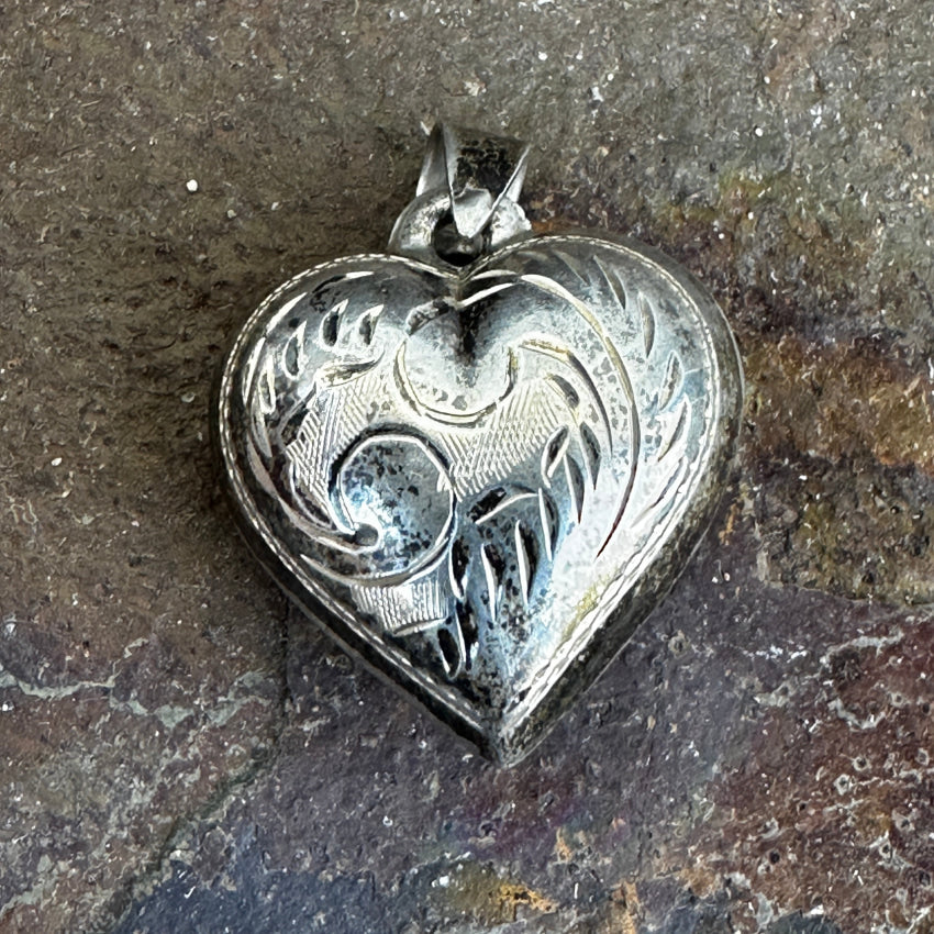 Sterling Silver Etch Decorated Puffy Heart Pendant Pendant