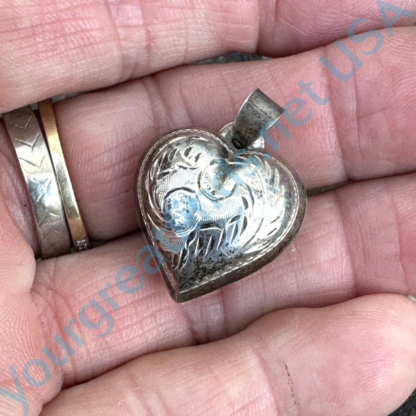 Sterling Silver Etch Decorated Puffy Heart Pendant Pendant